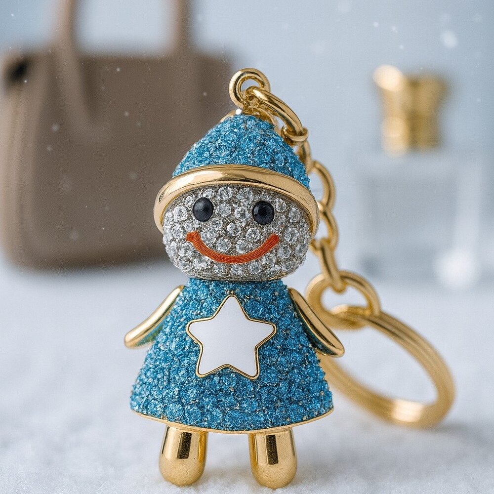 Rhinestone Snowman Snowgirl Keychain Blue Crystal Bag Charm Holiday Gift - Picture 3 of 4